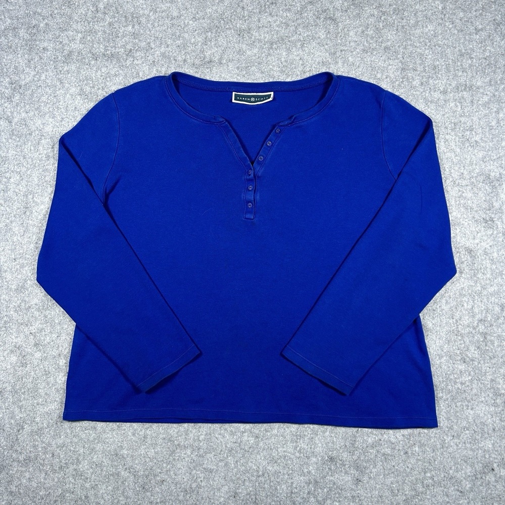 Karen Scott Henley Shirt Fits Women's Medium Royal Blue 3/4 Sleeve Casual Cotton